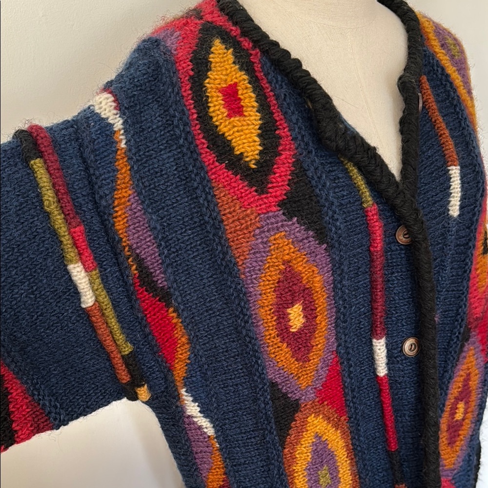 100% Wool Nepal Made Colorful Geometric Knit Cardigan Newari - Picture 2 of 6